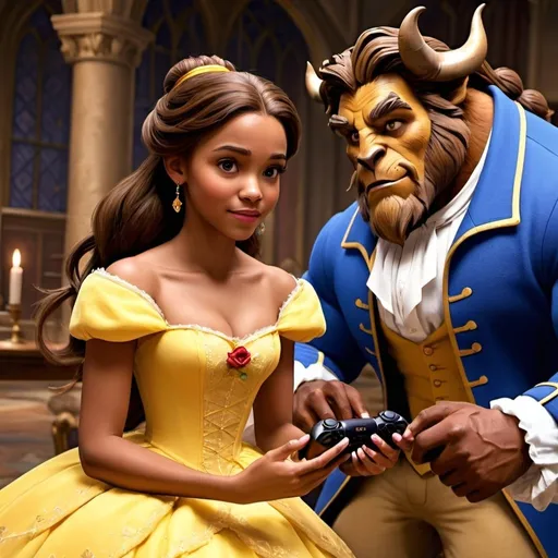 Prompt: Beauty and the beast playing video games. Make belle brown skinned.
