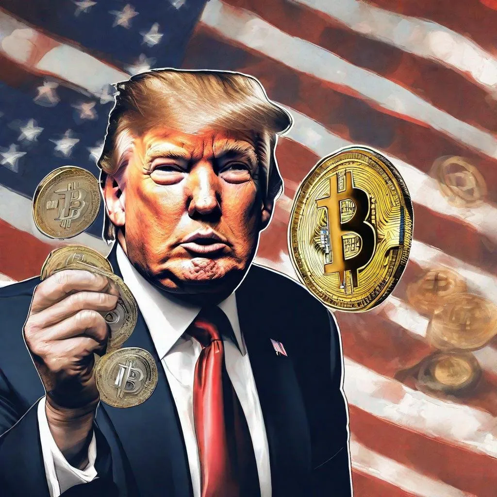 Prompt: Donald Trump holding Bitcoin in front of American flag. The Bitcoin has a $ symbol.