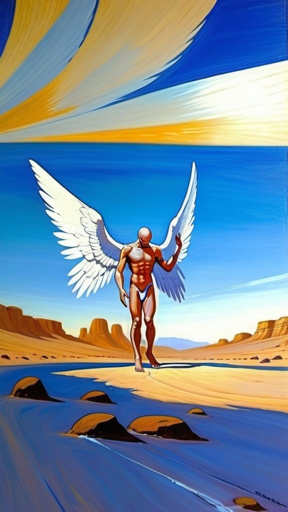 Prompt: Painting of a single humanoid figure creature with big angel wings. Big blue sky with no clouds. No hair and all white colored body. Flying in the sky