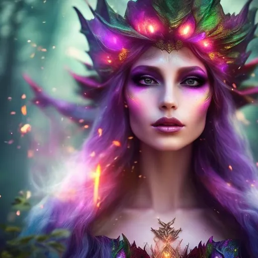 Prompt: closeup beautiful sorceress face magical colorful fantasy elf magic flame in an enchanted forest in spring