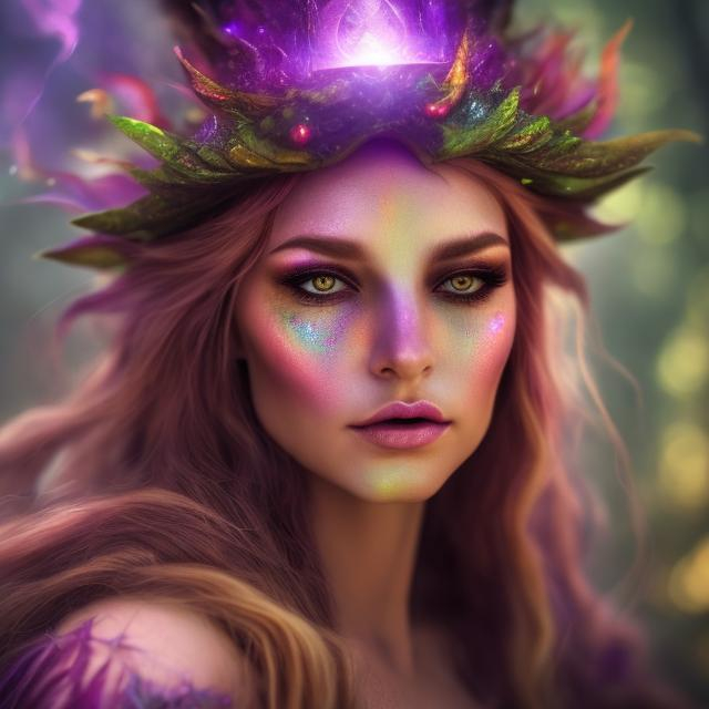 Prompt: closeup beautiful sorceress face magical colorful fantasy elf magic flame in an enchanted forest in spring