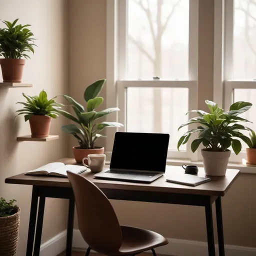 Prompt: A serene desk setup with a laptop, a cup of coffee, a potted plant, and a notebook. In the background, a cozy living space is visible, with soft lighting and a comfortable chair, symbolizing the balance between work and relaxation.
