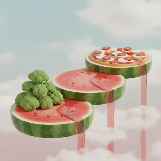 Prompt: In the image it should be at the peaceful sky ,made entirely from healthy foods. There are three types ground . The ground are slice of watermelon. One is have soft broccoli tower. With going to second ground it has a river. Water of river is watermelon juice. The second is an only have watermelon ground. Also there have a river going to the third ground. It also the watermelon juice. The third watermelon ground is like pizza there have cheese and some tomato. There also a water fall with tomato to the picture end. The scene should feel soft and peaceful in a 3D render style