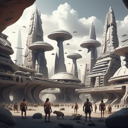 Prompt: Stone-age sci-fi city