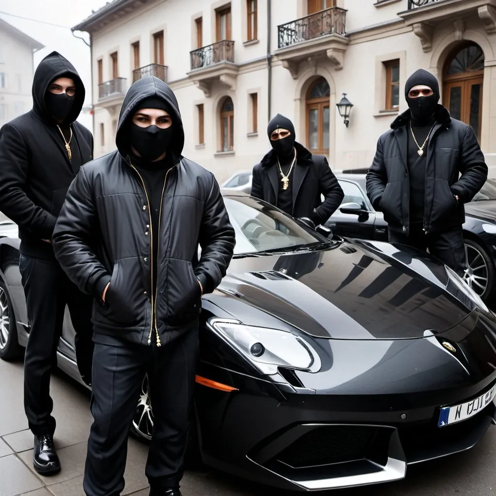 Prompt: rich gangsters with ski masks on in front of expensive cars