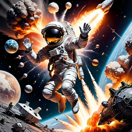 Prompt: astronaut jumpiing off a rocket ship that is about to crash into a planet with an explosion background