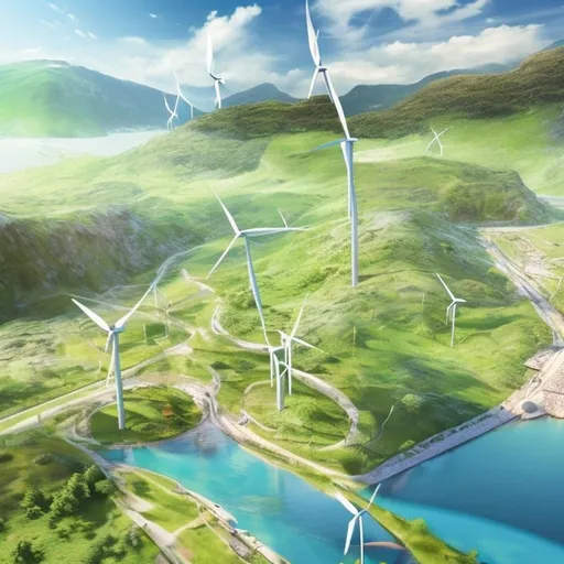 Prompt: Sustainable travel concept, eco-friendly materials, lush green landscape, renewable energy sources, high quality, realistic art style, vibrant and natural color palette, soft natural lighting, detailed wind turbines, electric vehicle charging stations, scenic countryside, sustainable travel, eco-friendly, renewable energy, lush green landscape, detailed, vibrant colors, natural lighting