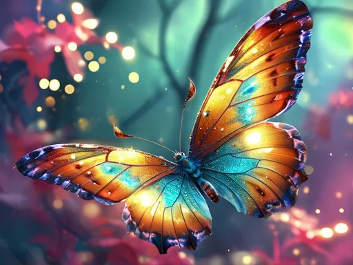 Prompt: (fantasy style butterflies), (vibrant color scheme), colorful details, ethereal wings, luminescent patterns, dreamy atmosphere, magical forest background, soft glowing light, enchanting ambiance, 4K ultra-detailed, whimsical creation, beautiful contrasts, lively hues, twinkling sparkles sparkling in the air, surreal nature scene.