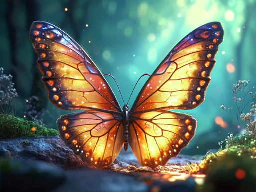 Prompt: (fantasy style butterflies), (vibrant color scheme), colorful details, ethereal wings, luminescent patterns, dreamy atmosphere, magical forest background, soft glowing light, enchanting ambiance, 4K ultra-detailed, whimsical creation, beautiful contrasts, lively hues, twinkling sparkles sparkling in the air, surreal nature scene.