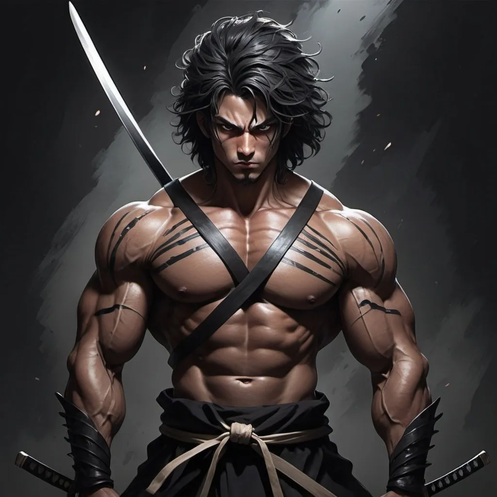 Prompt: un humano de alto musculoso con hombreras y pelo cafe oscuro con una katana estilo de dibujo anime que posee magia de oscuridad y una armadura negra casi de cuerpo completo