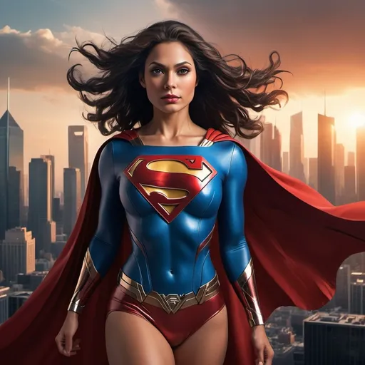 Prompt: Create a highly detailed and dynamic image of Superwoman. She should be depicted as a strong and confident superhero, soaring through the sky above a modern cityscape at sunset. Her costume is sleek and futuristic, with a vibrant blue and red color scheme, complete with a flowing red cape and an emblem resembling a stylized 'S' on her chest. Her hair is long, flowing, and dark, billowing in the wind. The background should feature a stunning skyline with skyscrapers, bathed in the warm hues of the setting sun. The overall mood of the image should be empowering and heroic