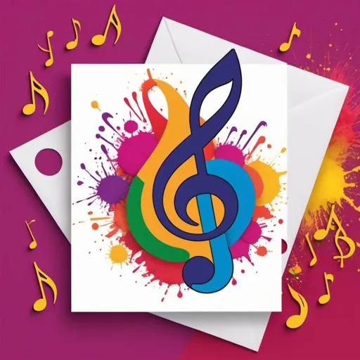 Prompt: Create an innovative greeting card for holi where musical notes and colours come to life with a celebratory message infused for wit and poetry to be sent to prospective clients by a musician and a music producer.