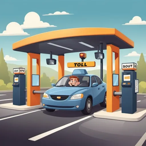 Prompt: create an image in cartoon style with a car driving thru a toll booth  with a raised boom
