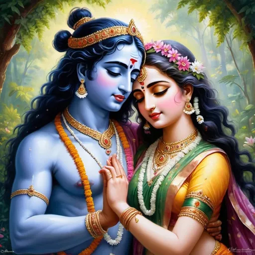 Prompt: (Radha Rani and Krishna in a serene embrace), (divine love), intricate details, vibrant colors, warm, ethereal glow, lush greenery in the background, soft blooming flowers, (sacred atmosphere), visually captivating, with an enchanting atmosphere, ultra-detailed, spiritual essence, harmonizing with nature, immersing in a sense of grace and devotion.