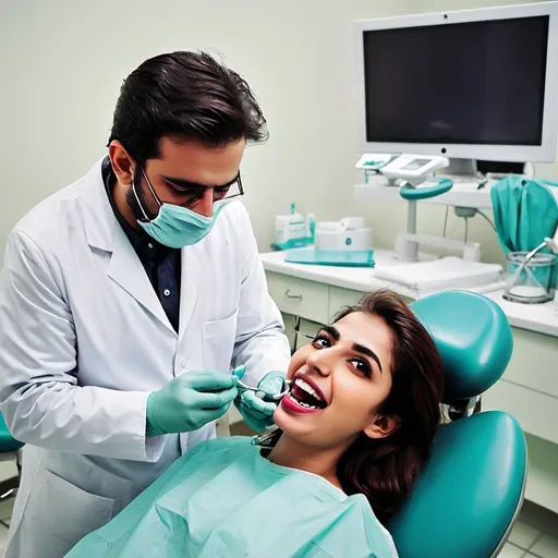 Prompt: A charming Pakistani Dentist doing working 
