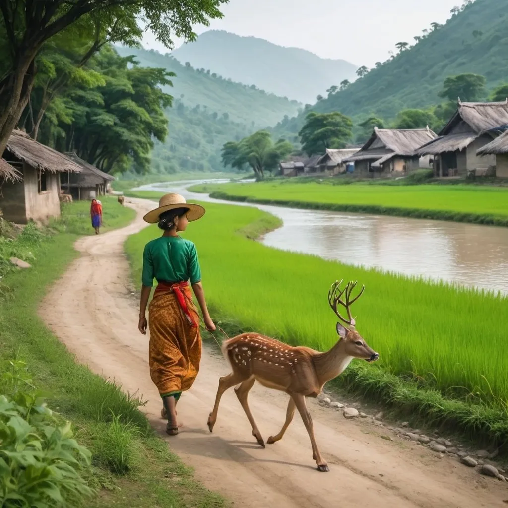 Prompt: A village girl wearing a hat is walking with a deer beside a green field and a full river