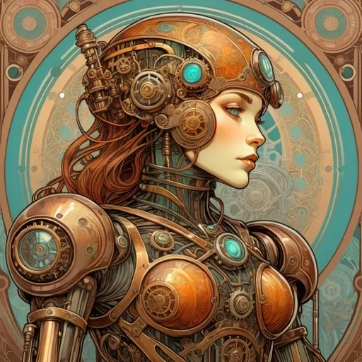 Prompt: Alphonse Mucha Style, art nouveau illustration of a steampunk war robot, thick lines, intricate details, beautiful colors