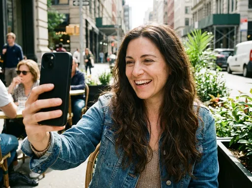 Prompt: Selfi dziewczyny brunetki wiek 30 lat
