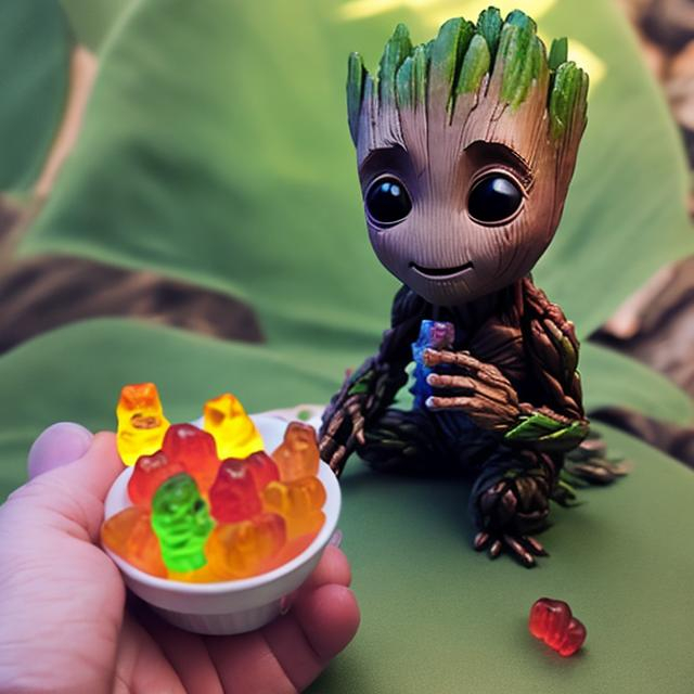 Prompt: baby groot eating gummy bears


