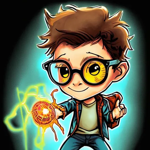 Prompt: chibi Peter Parker,half body,wearing glasses,getting bit on his hand,by a glowing radioactive spider,comic book style