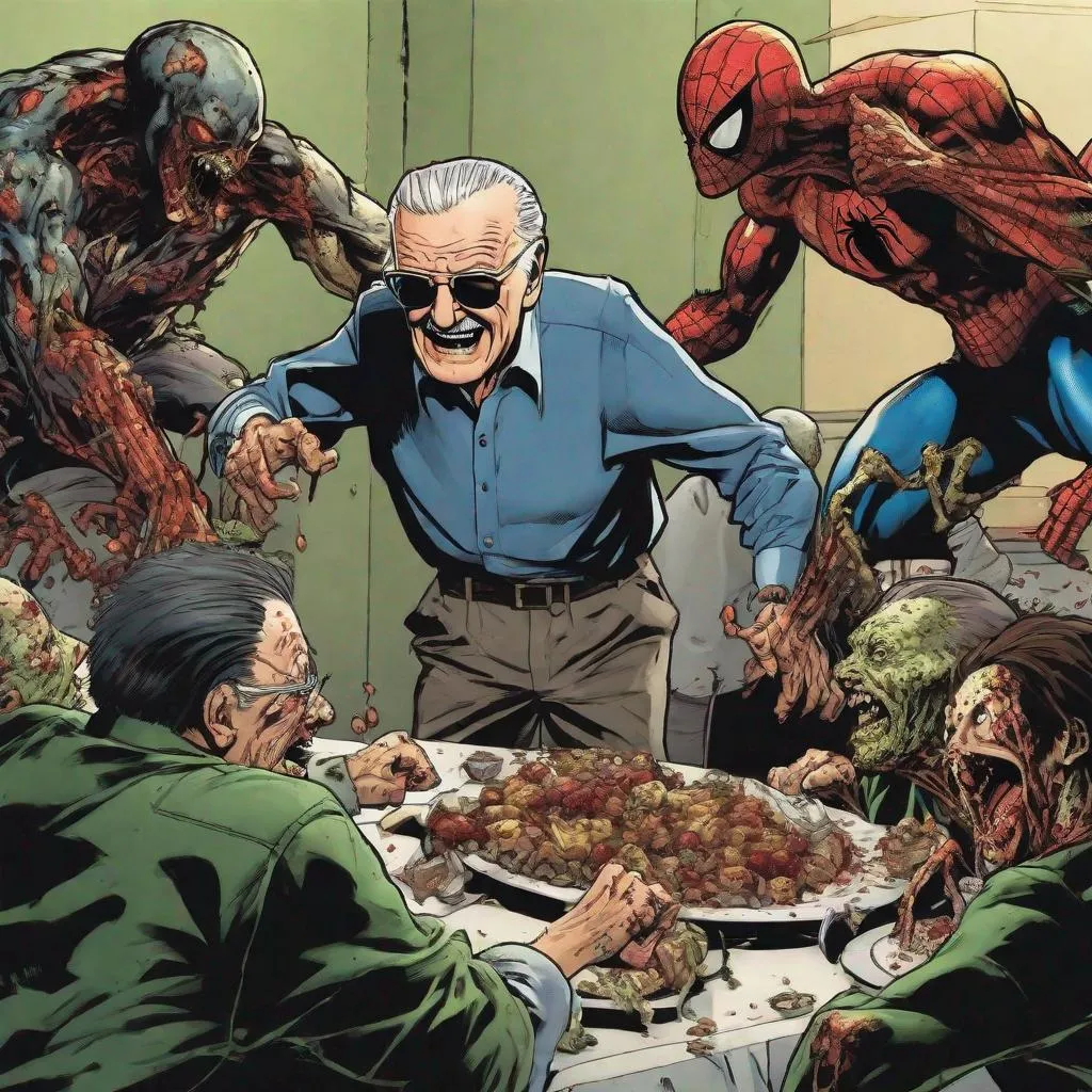 Prompt: Stan lee being eaten by spider-man zombies 