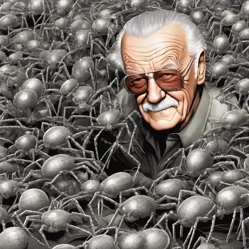 Prompt: Stan lee with a lot of tiny spider-man crawling on him
