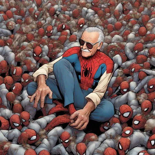 Prompt: Stan lee with a lot of tiny spider-man crawling on him
