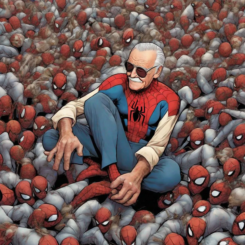 Prompt: Stan lee with a lot of tiny spider-man crawling on him
