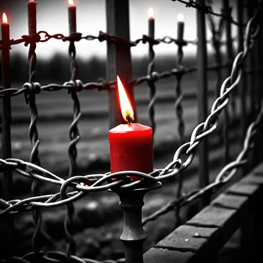 Prompt: Holocaust social media post background, grayscale, one candle, barbed wire, fearful atmosphere, emotional, monochrome, highres, detailed, grayscale with red, atmospheric, somber lighting