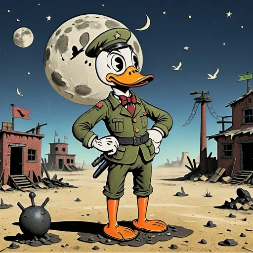 Prompt: Male Dufy Duck, MTspace writing , wasteland, big moon, military look
 


