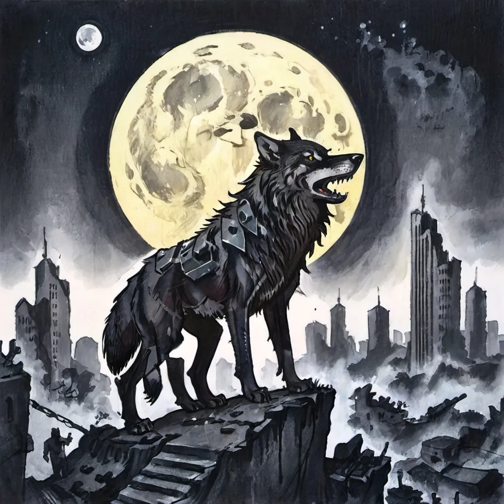 Prompt: last war, black wolf, big moon, deserted city, futuristic city,


