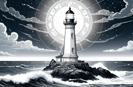 Prompt: tarot card styled Lighthouse that is completely white, detailed ornate, dramatic lighting, in black and white, tattoo sketch