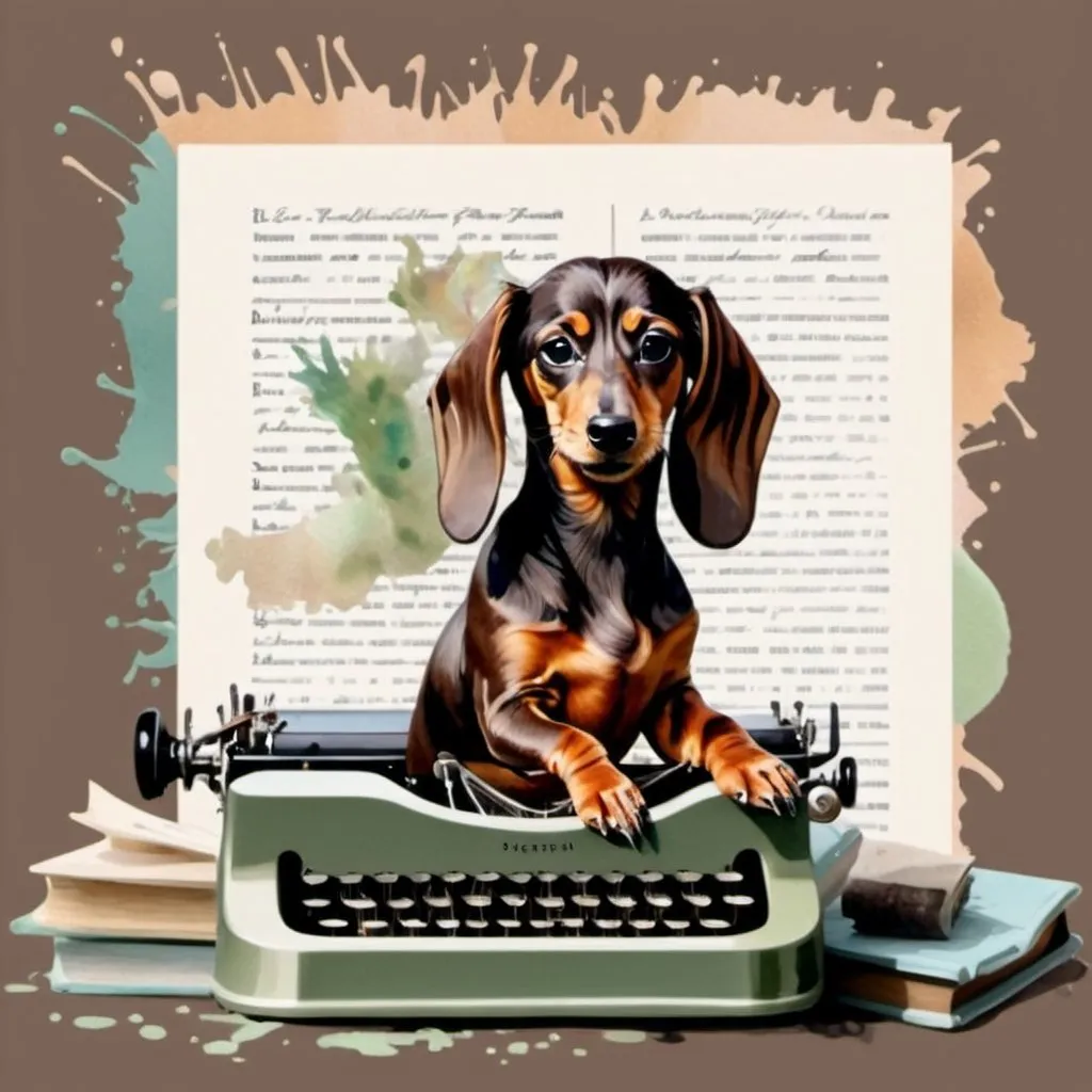 Prompt: fully brown dachshund and sage green typewriter and book pages covered in  splatters of pastel paints