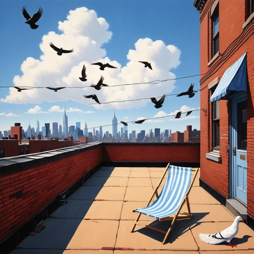 Prompt: (vibrant rooftop scene), a scorching sunny day in (New York City), black tar roof, textured red brick walls, clothes lines gently swaying, a solitary beach chair inviting relaxation, pigeons gracefully soaring through the cloudless sky, warmth enveloping the atmosphere, bright blue sky dotted with fluffy white clouds, ultra-detailed, cinematic warmth and energy.