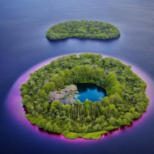 Prompt: Island in the middle of a lake with a broad purple tree in the center 
