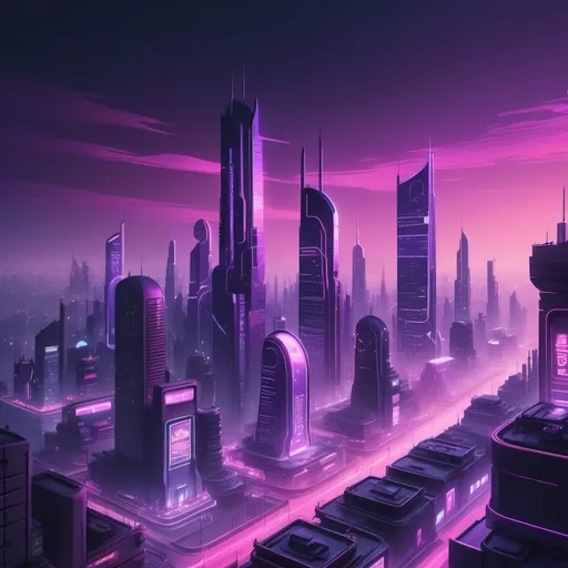 Prompt: A panoramic view of a futuristic city skyline at midnight, illuminated by glowing neon signs in soft pink and purple hues. The horizon has a subtle velvety texture—like plush fabric blending into the night sky. Light reflections shimmer off the tops of sleek skyscrapers, giving a dreamy, electric glow. A gentle fog or haze casts a moody, jazz-club vibe over the scene. Include gentle lens flares and floating dust particles for a sense of cinematic allure.