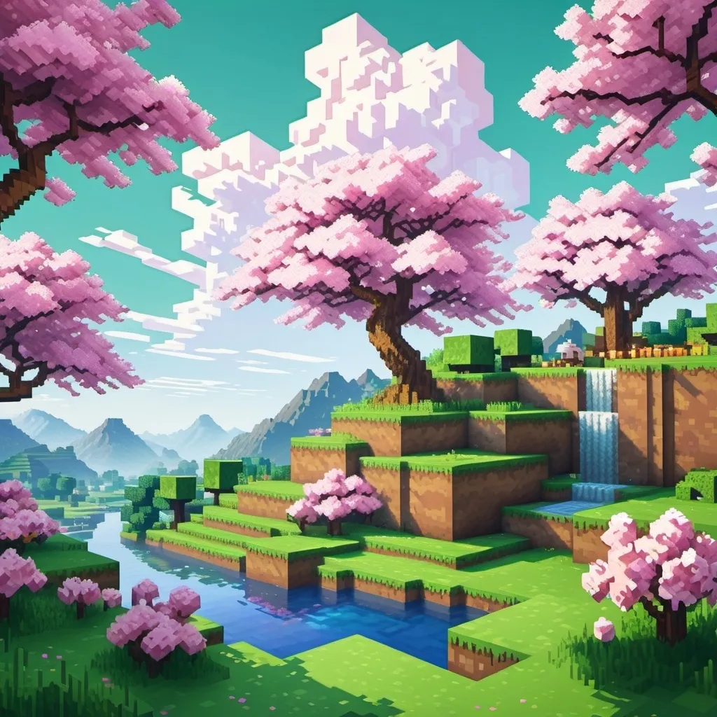 Prompt: Pixelated Minecraft painting of the Cherry Blossom Biome