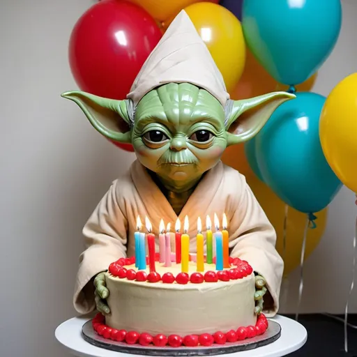 Prompt: Imaginez Maître Yoda, le célèbre maître Jedi de Star Wars, se tenant devant un gâteau d'anniversaire décoré de bougies allumées. Yoda est penché légèrement en avant, prêt à souffler les bougies. Il porte sa robe traditionnelle de Jedi et a un sourire serein sur son visage ridé. Le gâteau est festif, avec des glaçages colorés et l'inscription 'Joyeux Anniversaire' sur le dessus. En arrière-plan, il y a des décorations d'anniversaire comme des ballons et des banderoles."