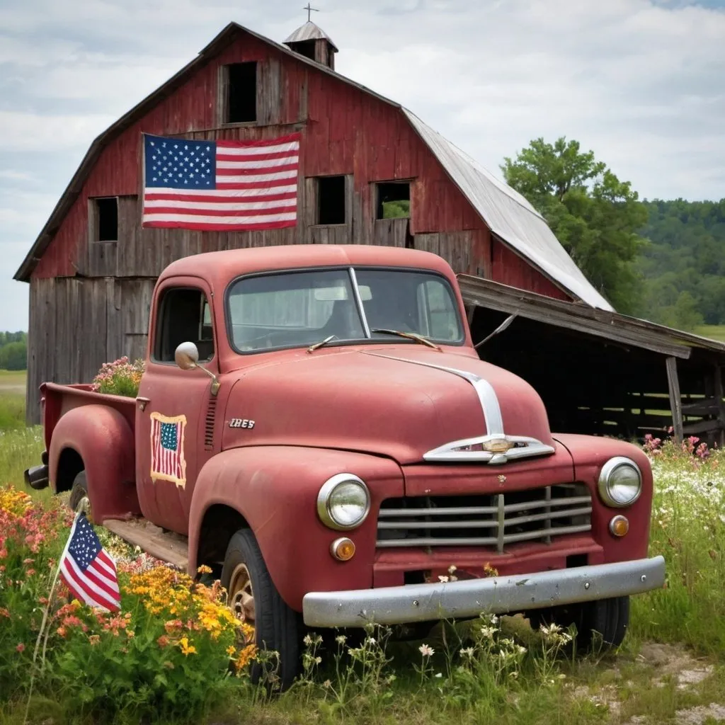 Prompt: FLOWERS IN WILD, OLD BARN, OLD PICKUP , FLAG
