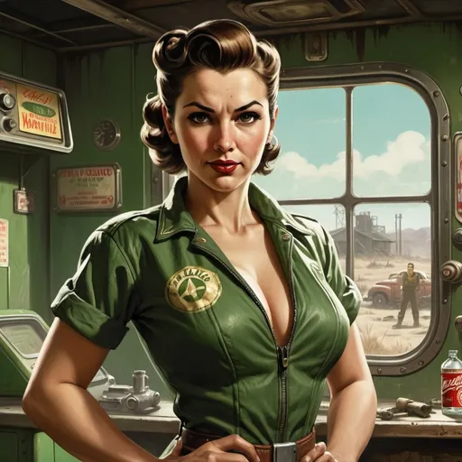 Prompt: (Mother pin up girl like quality, wearing vault jumpsuit from Fallout 4), south american skinned, ponytail, plump and supermodel body, fallout-type poster, 1940s-1950s vintage style, vibrant colors with greenish tones, dramatic shadows and highlights, slightly worn and aged look, background with iconic Fallout 4 elements like Pip-Boy and Nuka-Cola, dynamic and heroic pose, confident and nurturing expression, ultra-detailed, HD, high-quality illustration, crisp details, nostalgic yet impactful atmosphere.