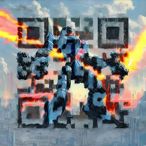 Prompt: masterpiece, best quality, mecha, no humans, black armor, blue eyes, science fiction, fire, laser canon beam, war, conflict, destroyed city background