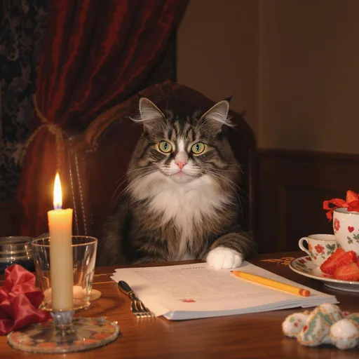 Prompt: a cat seting in table and look to anuther cat create animae inamege 