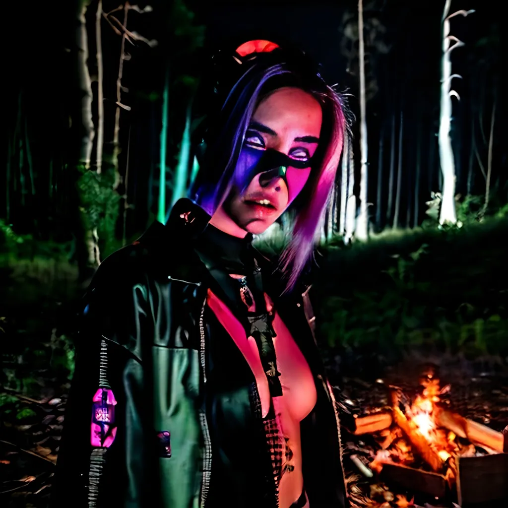 Prompt: <mymodel> cyberpunk colors bandit hiding from the law with campfire and drones flying overhead in the night forest