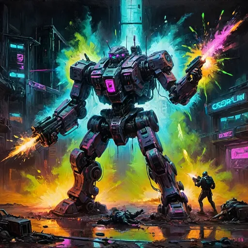 Prompt: neon cyberpunk colors guns exploding mech attack