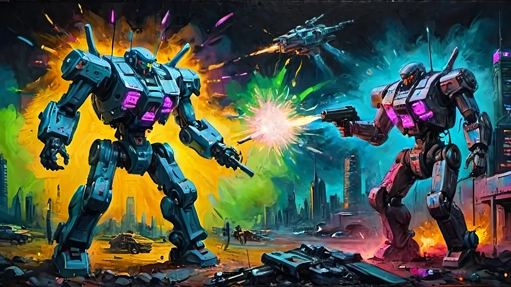 Prompt: neon cyberpunk colors guns exploding mech attack