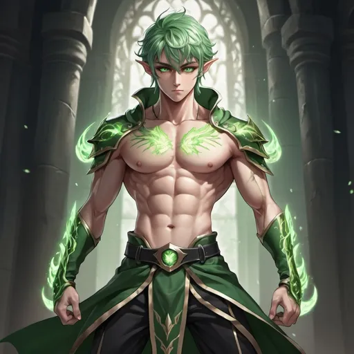 Prompt: 18 years old men Elf fighter glowing eye body builder engary green heir heavenly hundred scars all over the body shot heir style , full body anime style ,