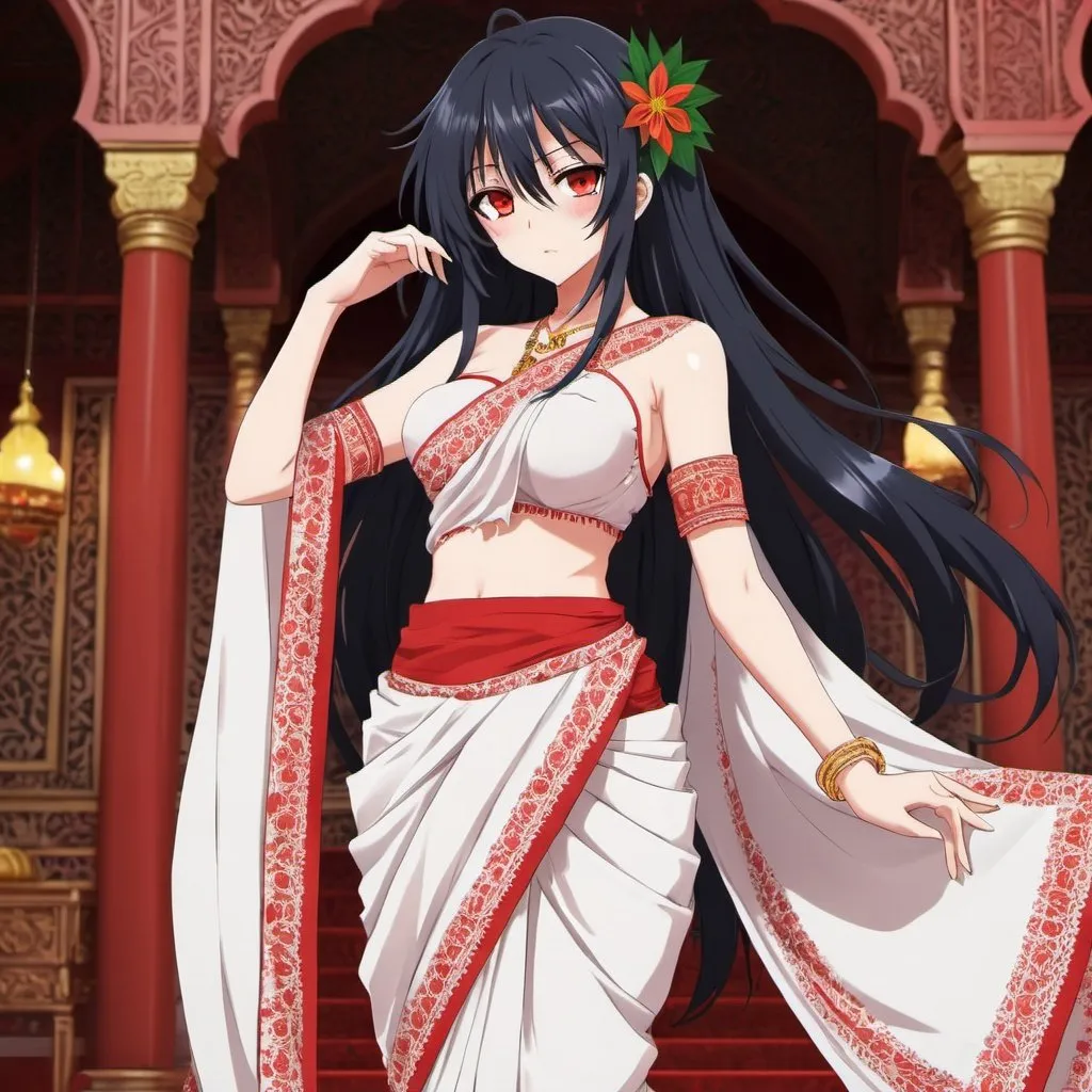 Prompt: Date a live Tokisaki Kurumi in a bangladeshi white saree. anime style , high quality , red eye. full body 