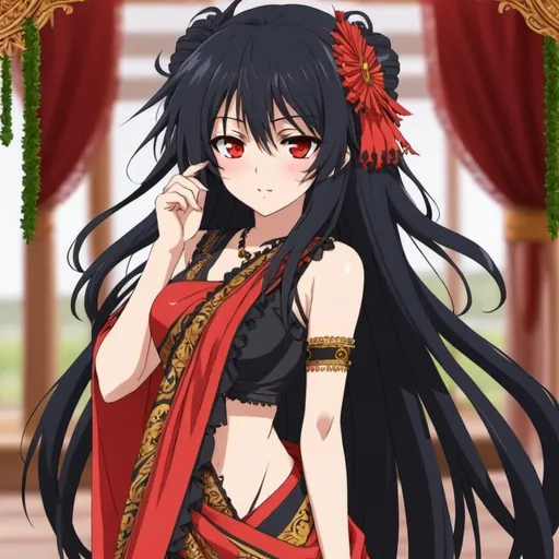 Prompt: date a live Tokisaki Kurumi in bangladeshi saree . anime style, full body , red eye , mad impression , high quality , 