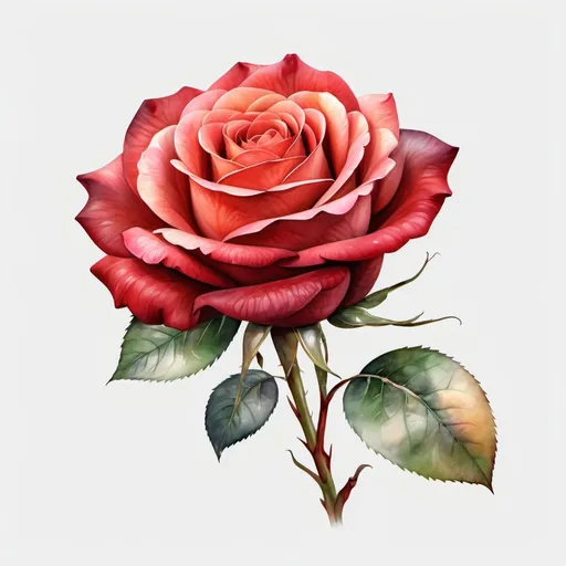 Prompt: watercolor red   rose, (single bloom), breathtaking floral details, vibrant and soft tones, elegant petals, serene atmosphere, high contrast, smooth brush strokes, painting-like texture, beautifully blended hues, a touch of light from above, (PNG background), ultra-detailed, inviting warmth.