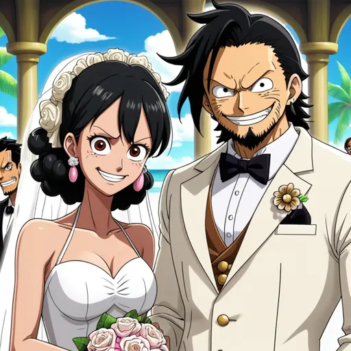 Prompt: Luffy shocks Rob Lucci with gear 5 youtube thumbnail

a white man and white woman just after getting married, both smiling, he is on the  right in a cream suit with a white shirt and pinkish bowtie with short black hair and brown eyes, she is on the left wearing a goegrous weding dress and long flowing styled hair, dangling earrings and holding a bouqet of white roses in the centre